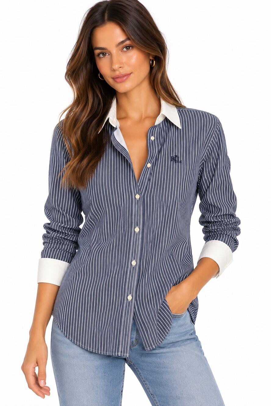 Ralph Lauren Blue White Pinstripe Button Down Shirt EUC Size Small